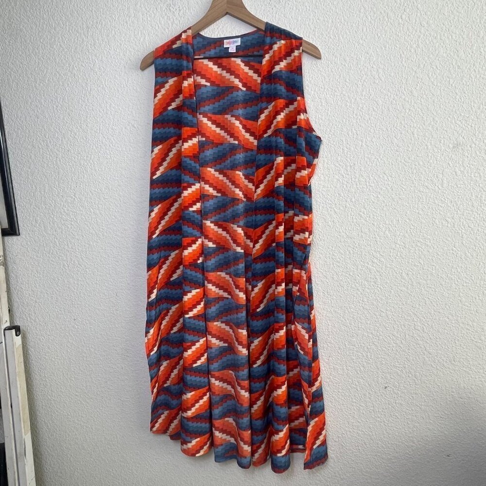 LuLaRoe Joy Duster Vest – Medium, Zig-Zag Orange/Blue/Red, Longline Sleeveless - Picture 3 of 9